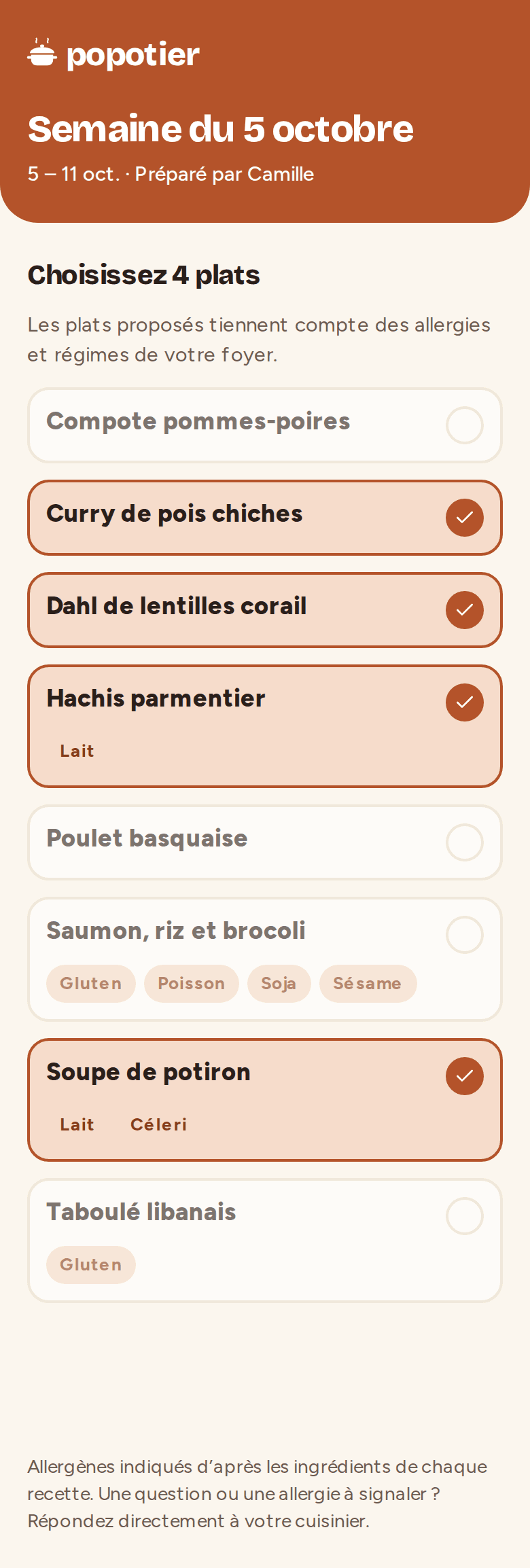 Lien reçu par le client : il coche 4 plats parmi ceux que son foyer peut manger, allergènes indiqués