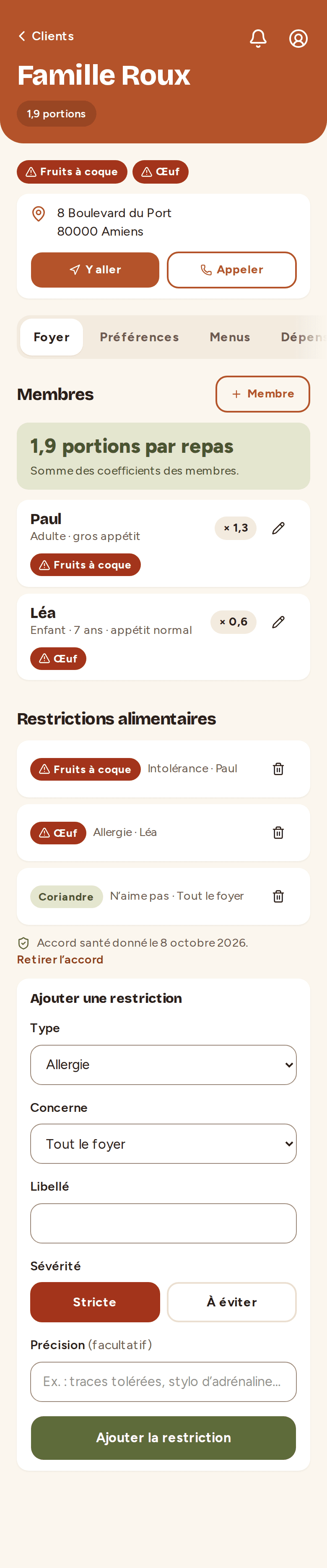 Fiche du foyer Roux : membres, coefficients de portions et allergies signalées en rouge
