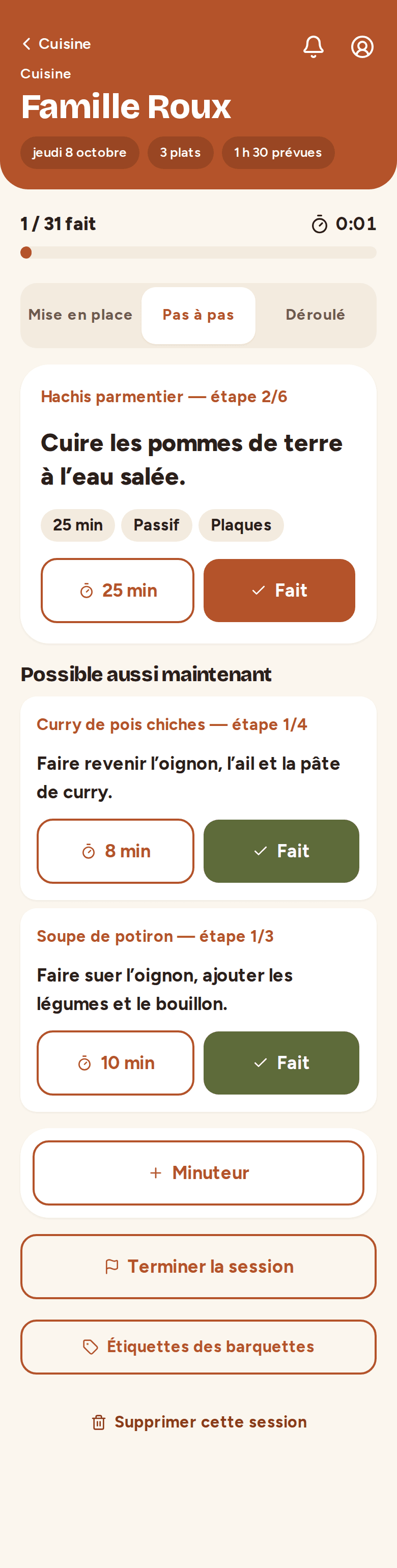 Mode cuisine : l’étape en cours, son minuteur et l’étape à mener en parallèle