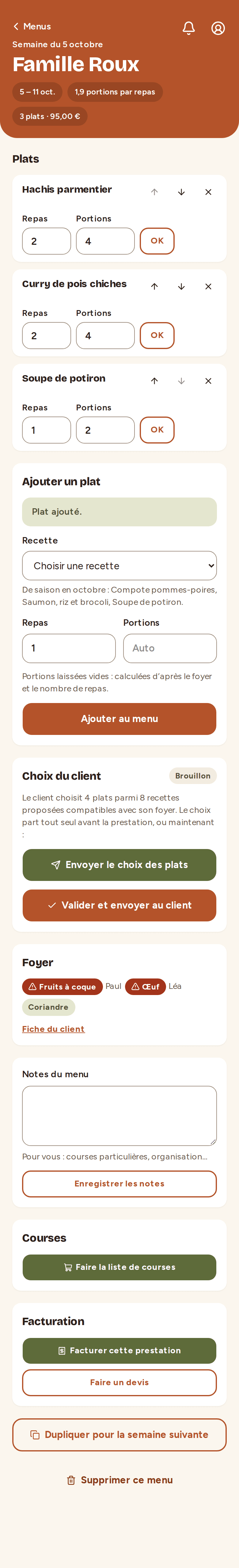 Menu de la semaine de la famille Roux : trois plats, repas, portions et prix de la prestation
